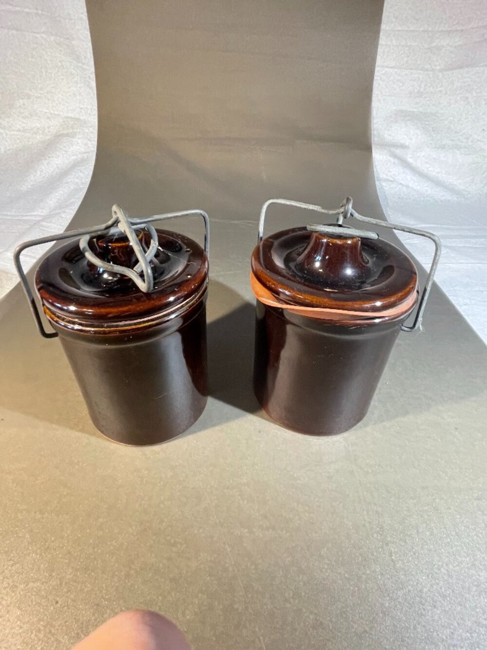 2 Vintage Stoneware Brown Glazed Crock with Lid and Wire Bail Closure (641)